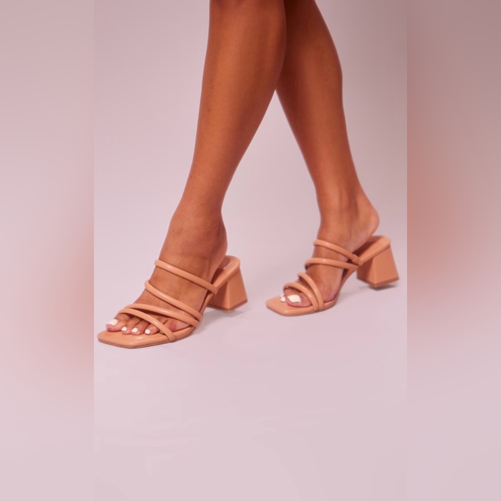Camel Wide Fit Pu Square Toe Tube Strap Mid block Heeled Sandals
